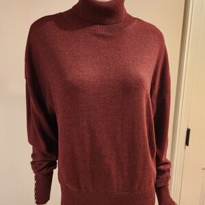 White House Black Market Burgundy Turtleneck Sweater Gold Buttons At Wrist